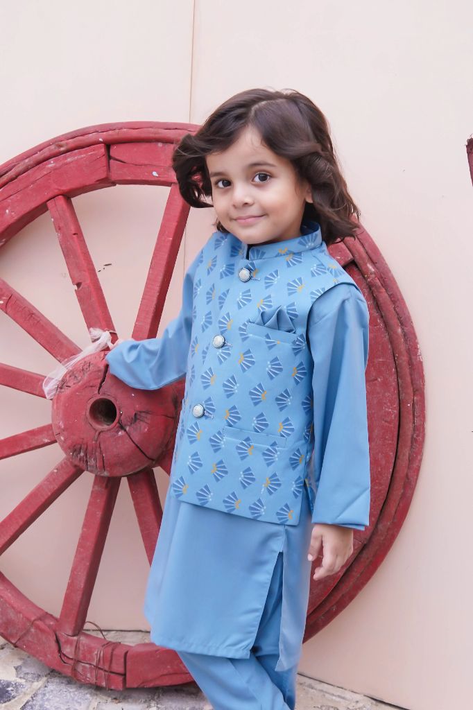 Sky Blue Kids Kurta Pajama With Printed Waistcoat image 2